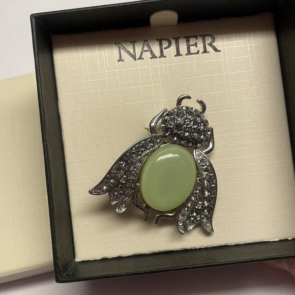 Napier Costume Jewelry Brooch Silver Tone Green Beetle Bug Rhinestone Insect - Picture 5 of 11